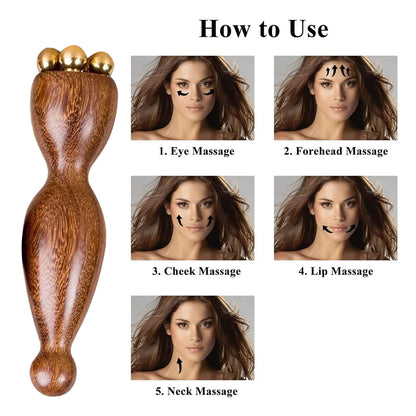 1PCS Mini Ice Roller, Sandalwood Facial Massage Tool, 5 Copper Beads for Face and Eyes, Travel Size