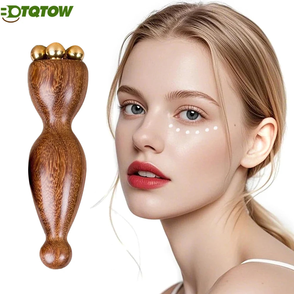 1PCS Mini Ice Roller, Sandalwood Facial Massage Tool, 5 Copper Beads for Face and Eyes, Travel Size